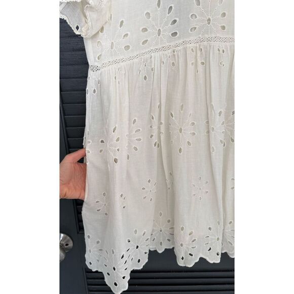 Zara Small White Eyelet Mini Dress Romper Pockets - Picture 4 of 8